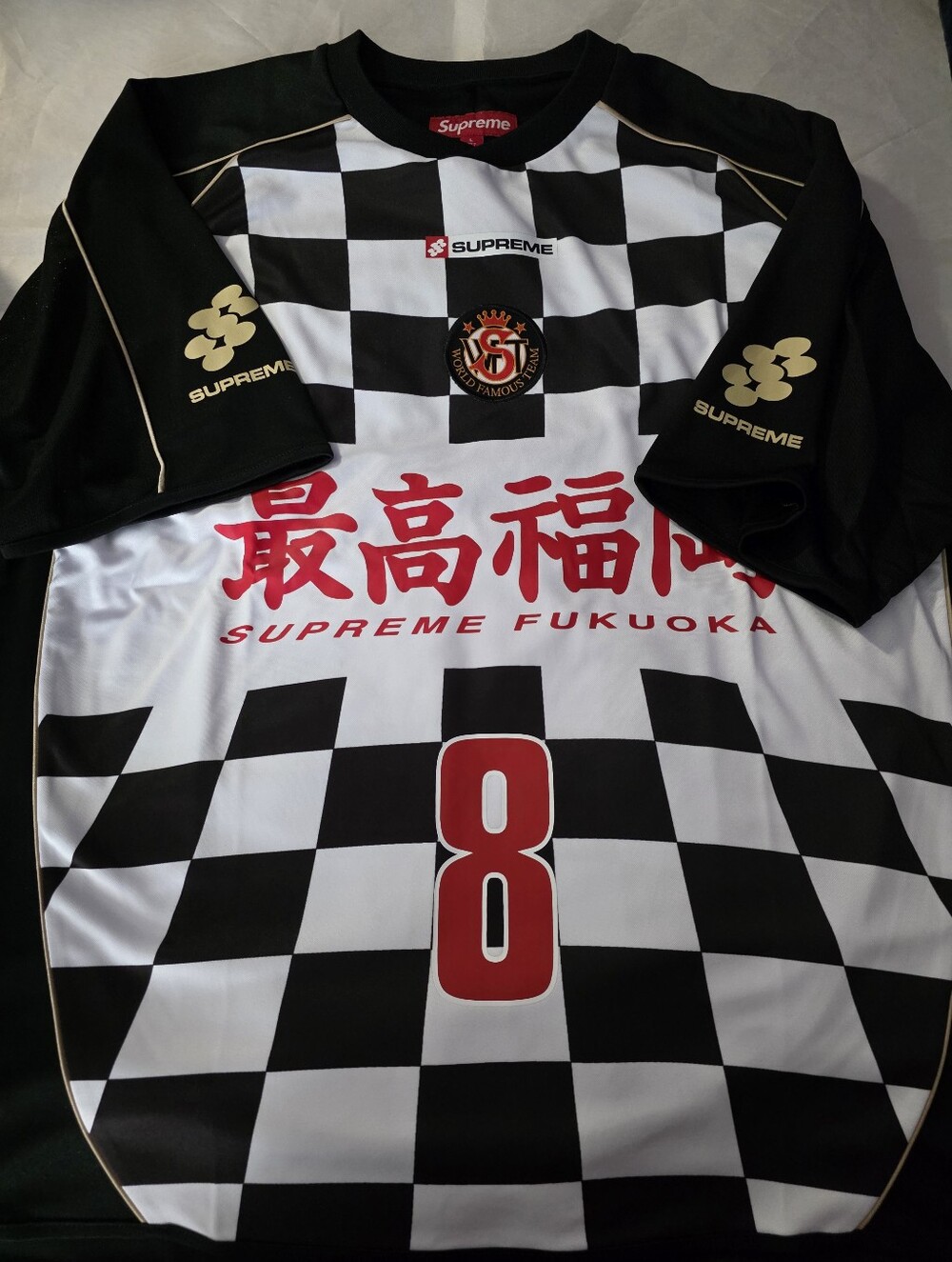 Brand New Supreme Black White Checkerboard Soccer Jersey with Red Accents Size L